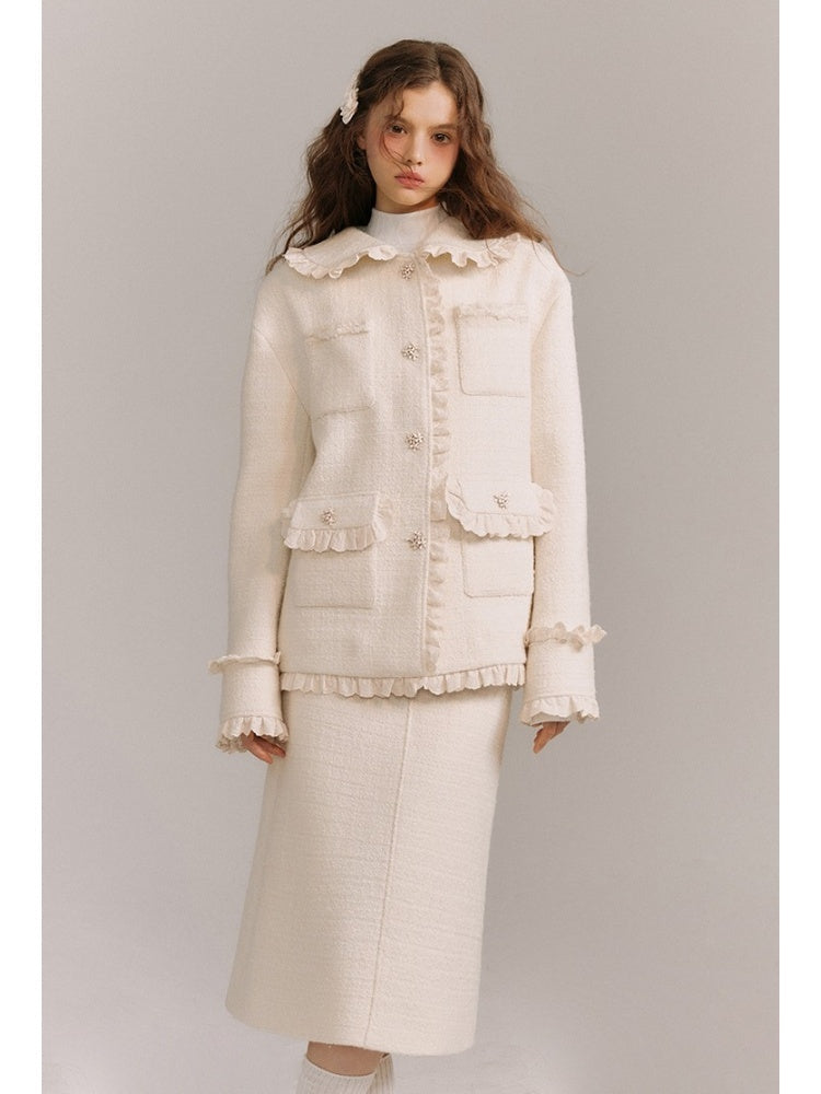 Wool Weave Lazy Bouquet Button Frills Jacket & Skirt【s0000003857】