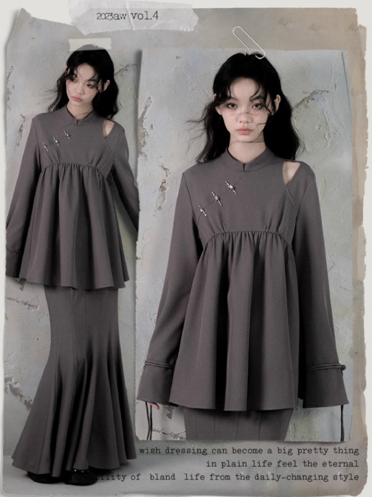 Mao Collar Switching Peplum Tops & Mermaid Skirt【s0000004393】