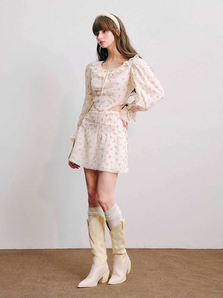 Floral Frill Collar Cropped Shirt ＆ A-Line Mini Skirt【s0000003850】