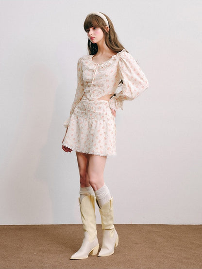 Floral Frill Collar Cropped Shirt ＆ A-Line Mini Skirt【s0000003850】