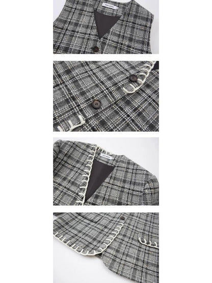 Plaid vest jacket and pleated skirt【s0000003970】