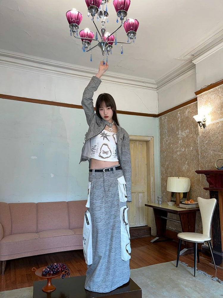 Jacquard Zipper Short Jacket ＆ Low Waist Long Skirt【s0000003885】