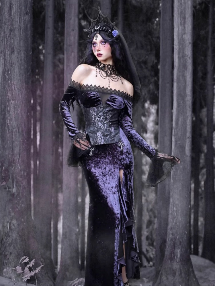 Gothic Velvet Off Shoulder Fish Tail Long One Piece【s0000003867】