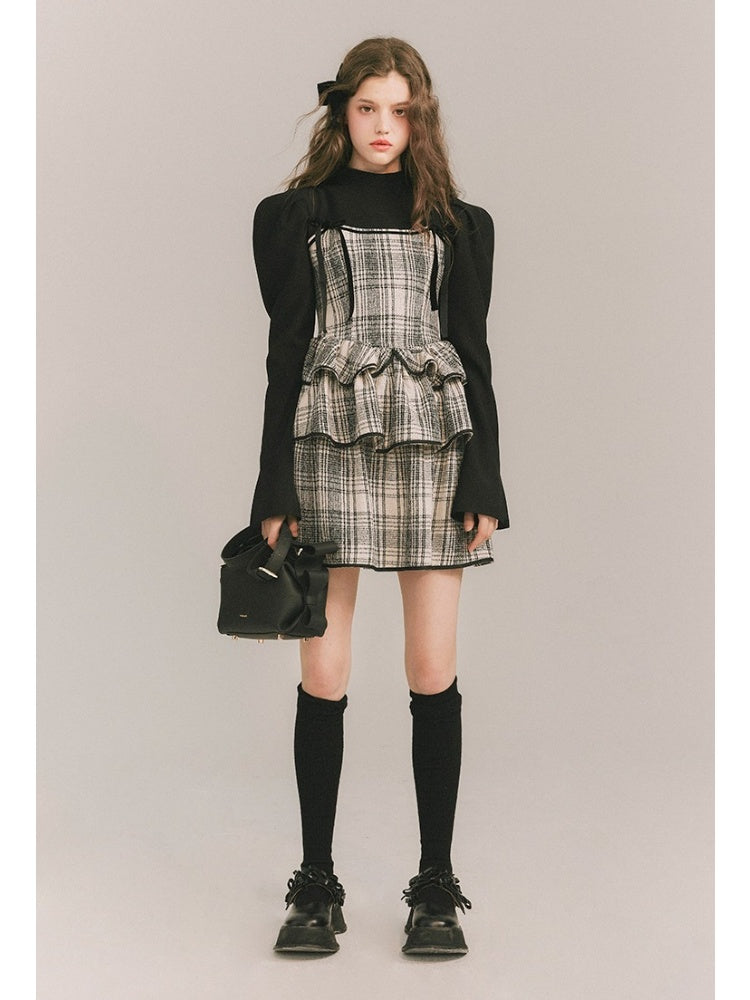 Plaid Cake Skirt Faux Two Piece Dress【s0000003859】
