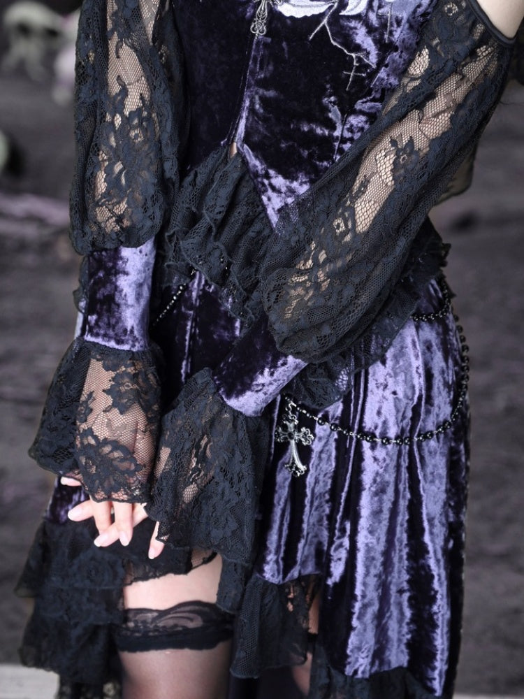 Gothic Velvet Open Shoulder Lace Flower Blouse【s0000003868】
