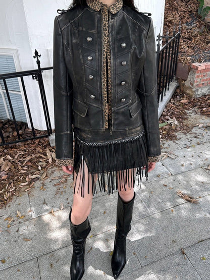 Leopard Pattern Splicing Leather Jacket & Wide Pants【s0000004172】