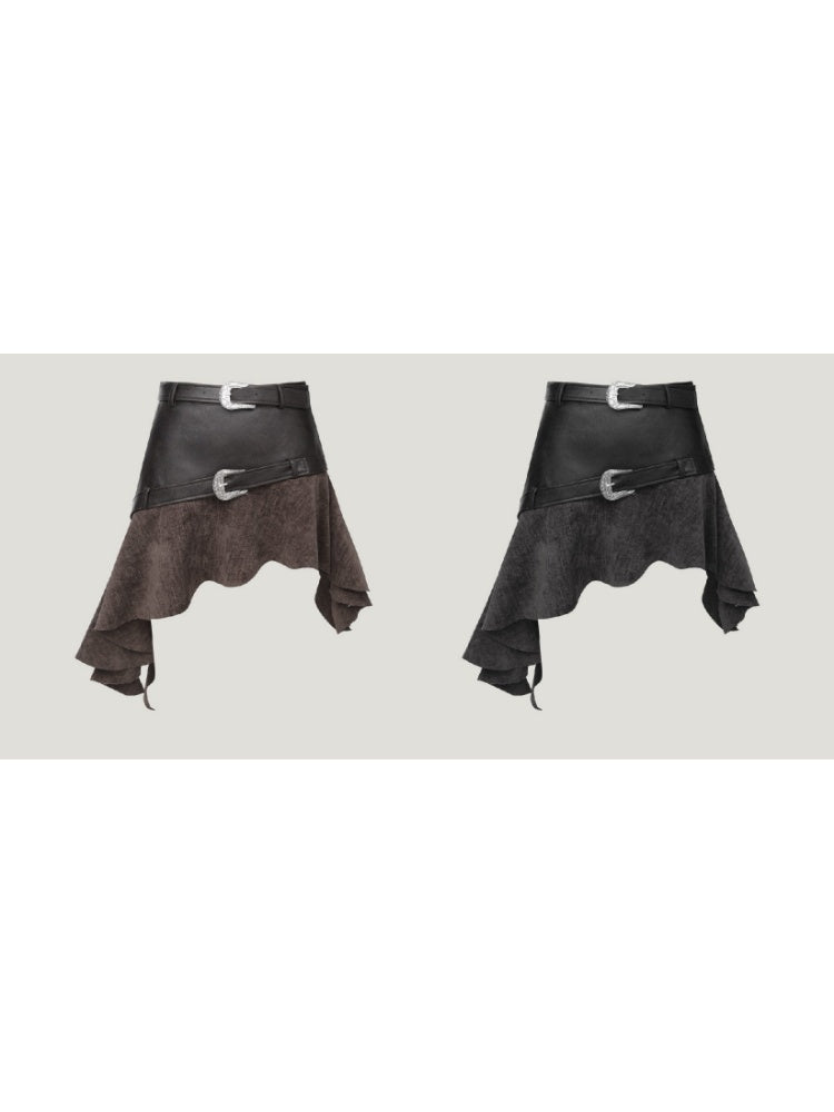 Belt Accent Irregular PU Leather Switching Mini Skirt【s0000004401】