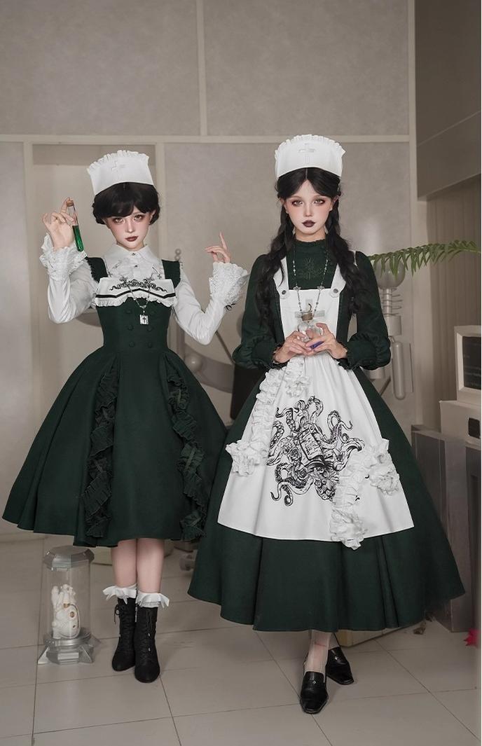 With PUJI - Letter and Poetry ﾂｷ Abyss Clinic - Gothic Lolita Green Dress Set