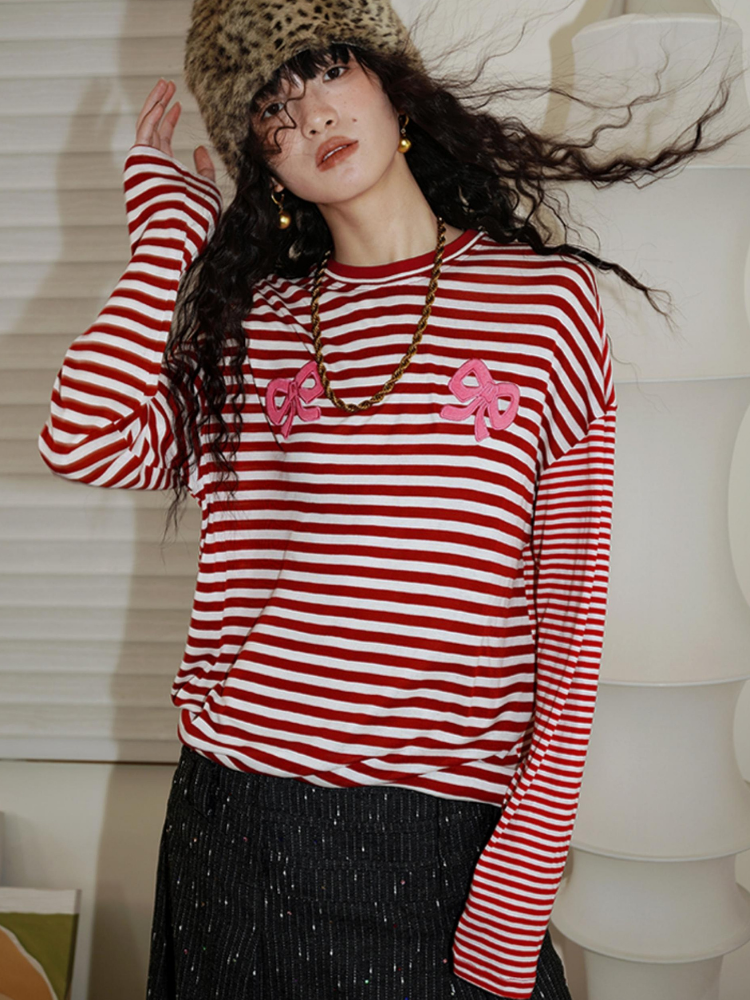 Striped Embroidery Loose Long Sleeve T-shirt