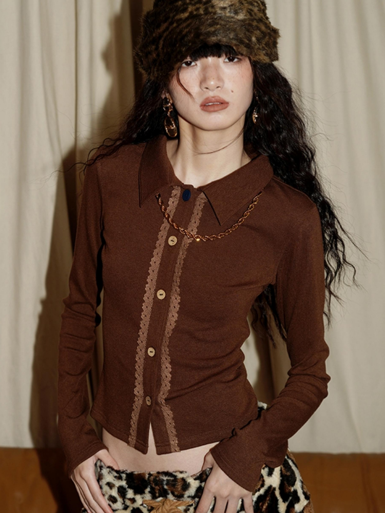 Retro Lapel Lace Solid Color Cardigan