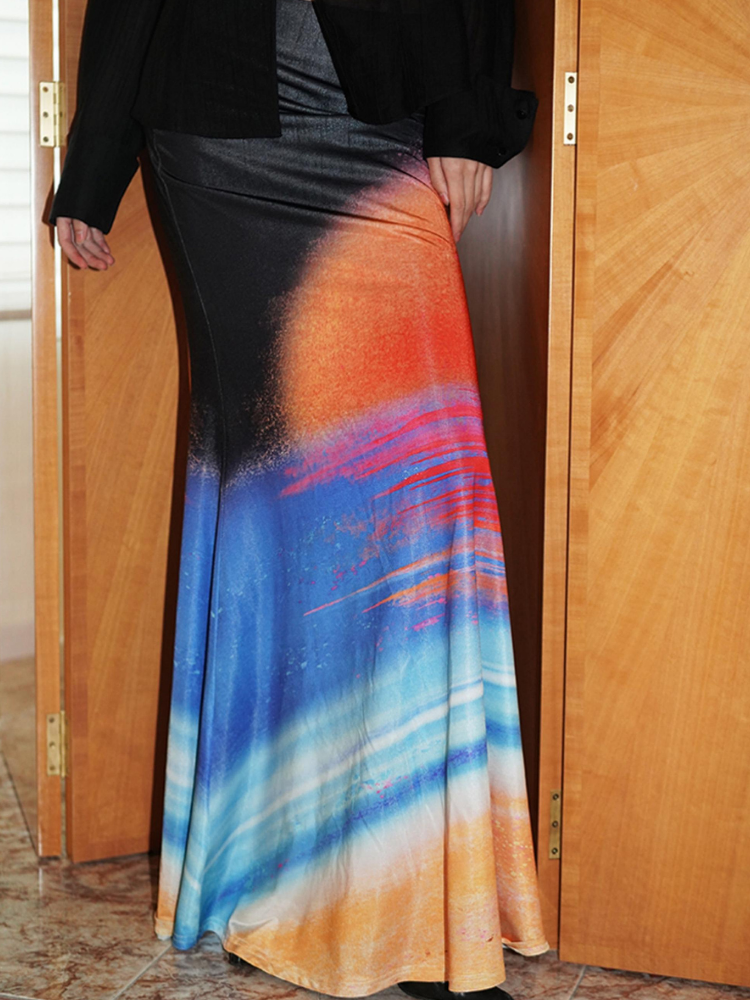 Chinese Print  Long Fishtail Skirt