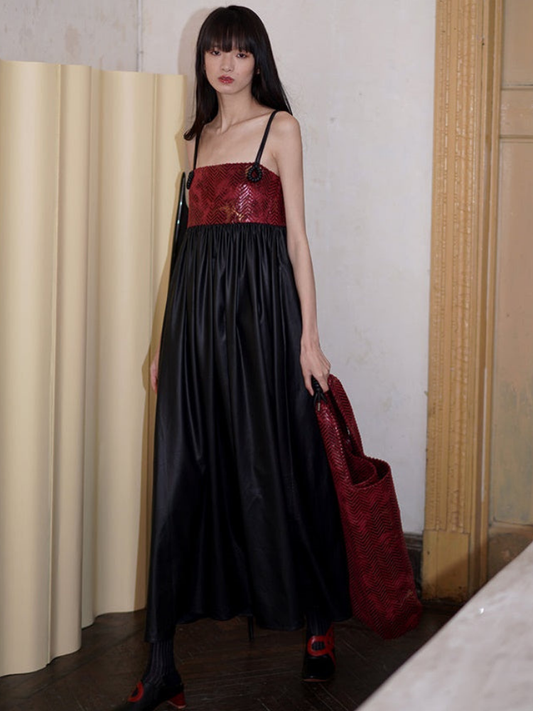 Stitching PU Leather Long Suspender Dress 