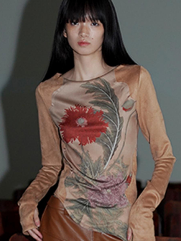 Suede Collage Print Slim Top