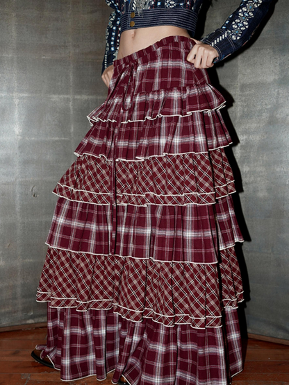 Cotton Plaid Multi-layer Long Skirt