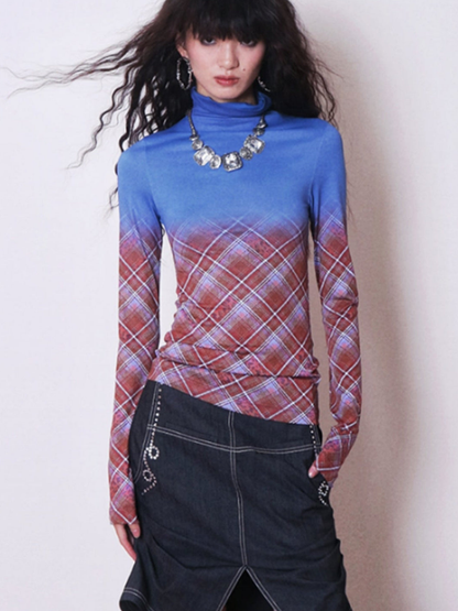 Contrast Plaid Turtleneck Knitted Top