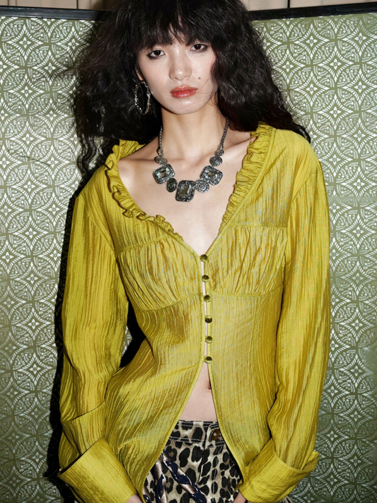 V-Neck Solid Color Casual Retro Shirt