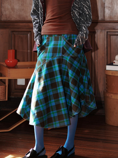 Retro Contrast Plaid Split Design Skirt