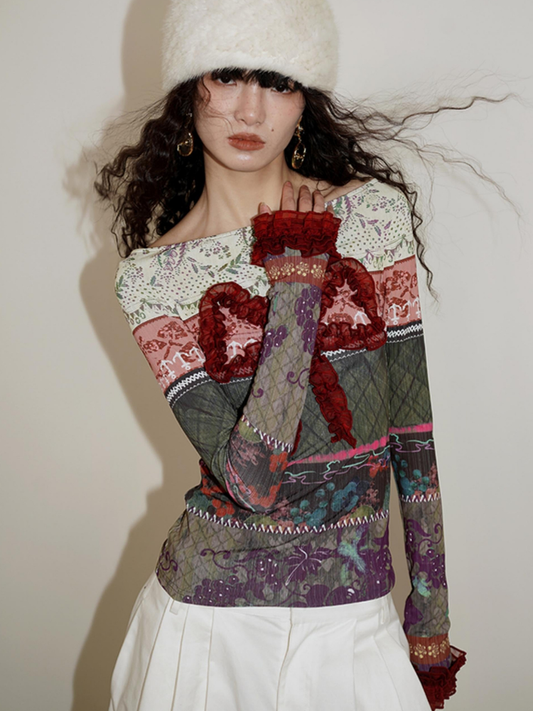 Christmas Bow Patchwork Slim Fit Top