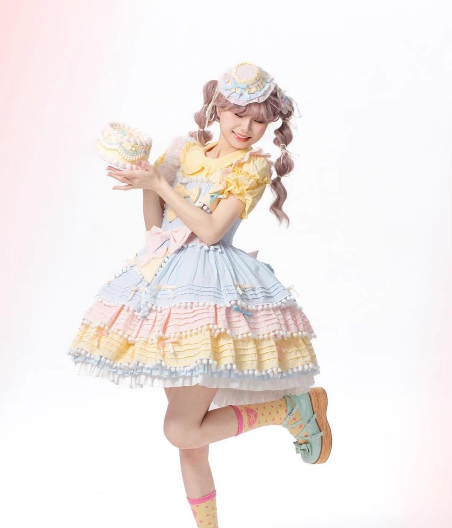 Chubby Cat Diary - Sweetheart Macarons - Sweet Lolita JSK Dress, Pom-pom Accents