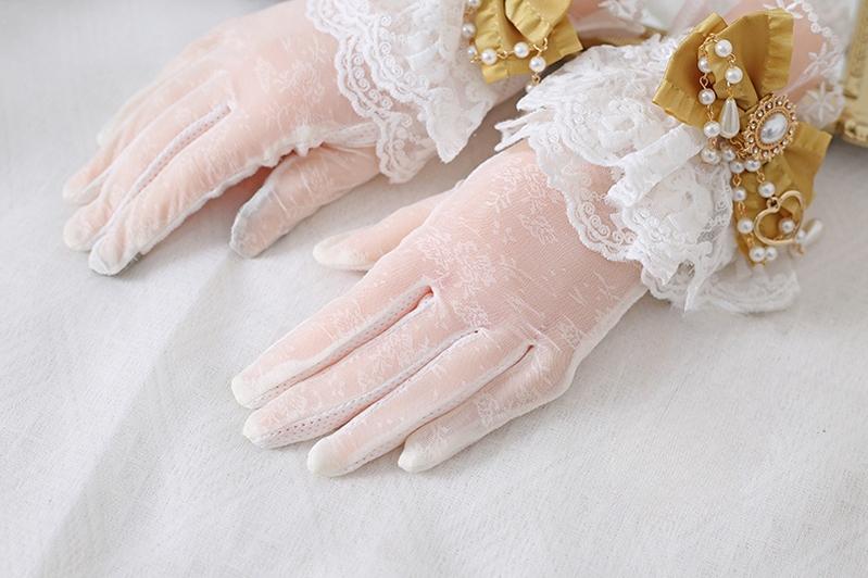 Xiaogui - Vintage Lolita Gloves Lace Bow Bead Chain Sunscreen Gloves