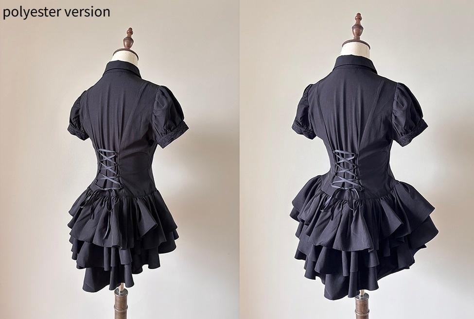 FlowerFairyDaily - Midnight Prayer - Solid Lolita Shirt with Flowing Tiered Back Hem