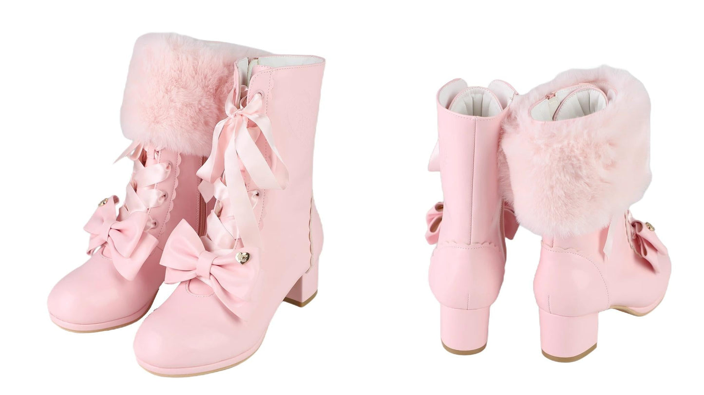 Sheep Puff - Snowy Mochi - Kawaii Lolita Winter Boots, Detachable Fur Trim