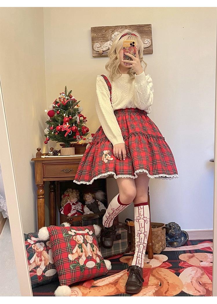 Labeau - Christmas Vintage Lolita Skirts Doll Collar Blouse Plaid Skirt Set