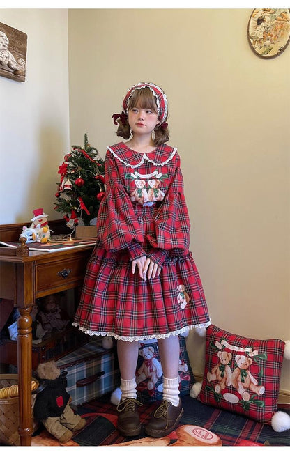 Labeau - Christmas Vintage Lolita Skirts Doll Collar Blouse Plaid Skirt Set