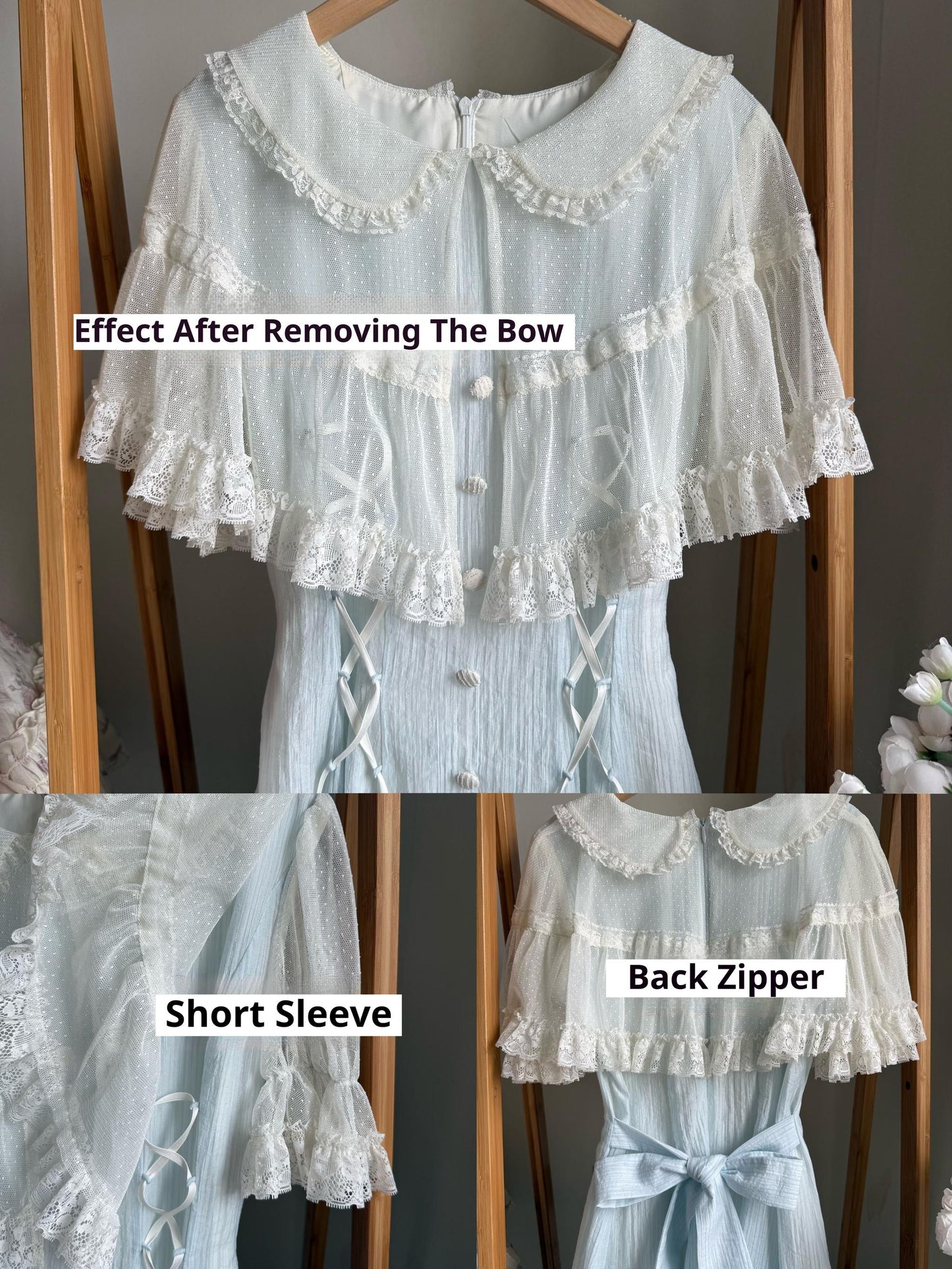 Kuma - Little Wind Chime - Elegant Lolita OP Water Blue Dress With Decorative Tulle Cape