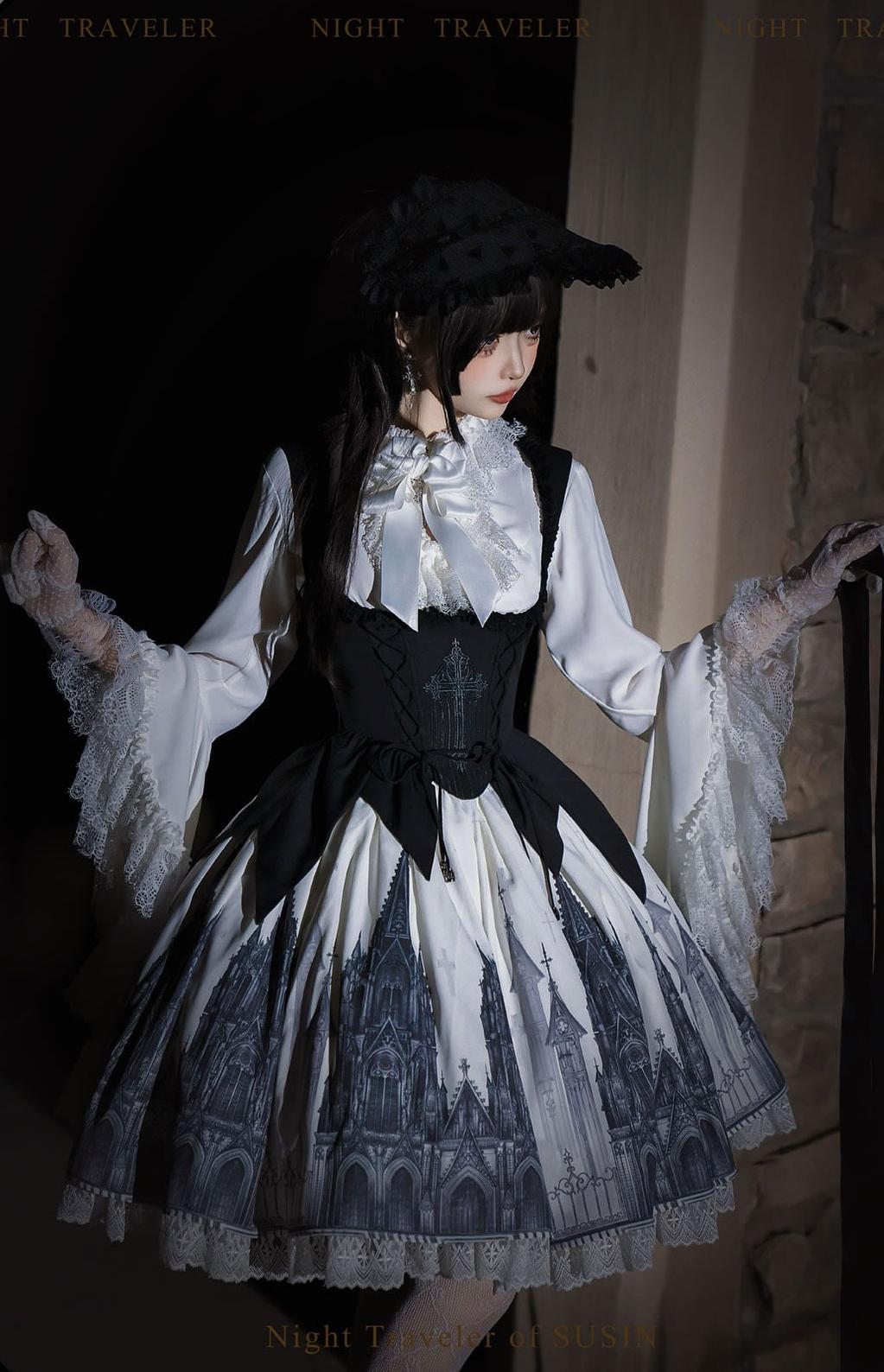 Susin Lolita - Night Traveler - Gothic Lolita Skirt Outfit Long Coat Shirt and Bustier Set