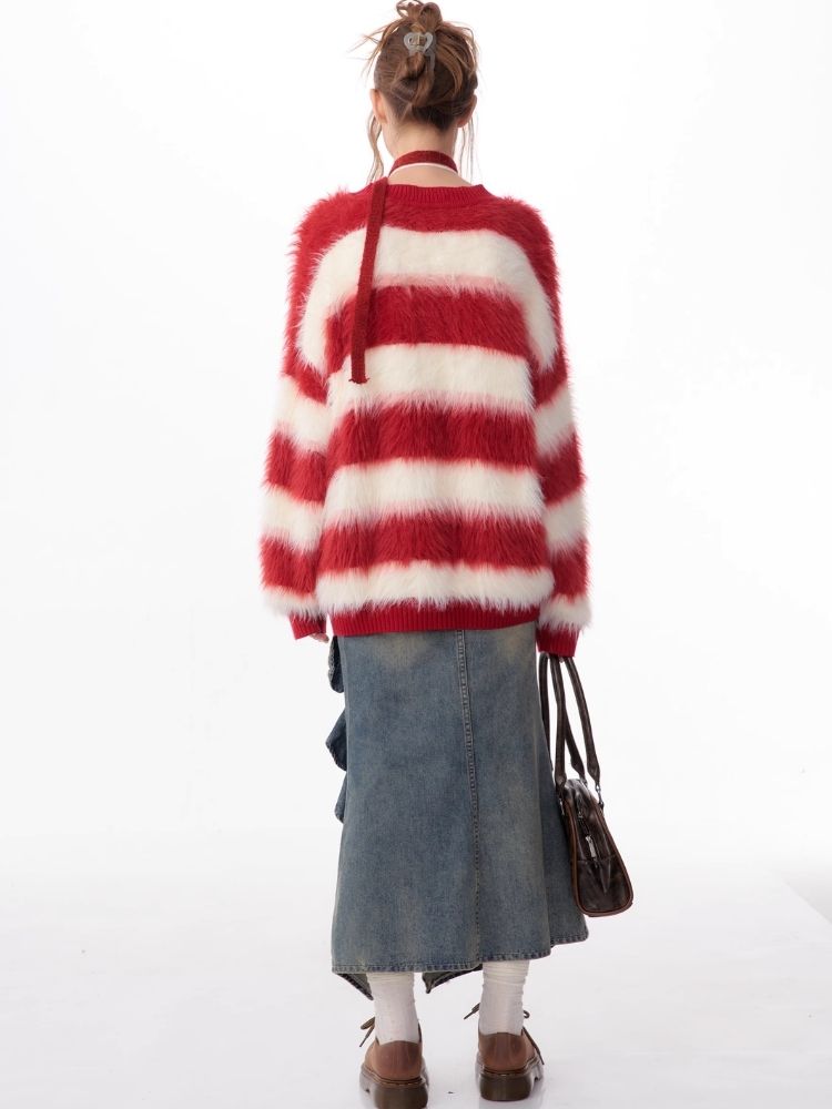 Sticky Chunky Red Striped Knit Sweater Cardigan【s0000006174】