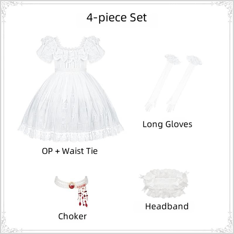 With PUJI - Dawn's Last Light - Castle Printed White Gothic Lolita OP, Two Length Styles