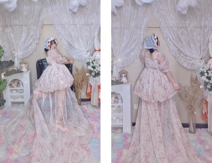 Rouroudream - Selkie - Plus Size Sweet Lolita OP Trailing Floral Princess Gown Dress