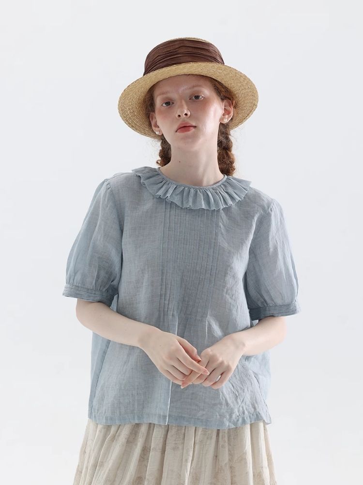 Misty Blue Ramie Retro Literary Shirt【s0000007975】