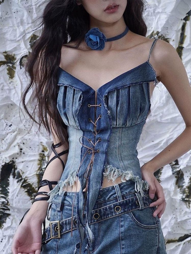 Suspenders sexy strap denim tube top【s0000003024】