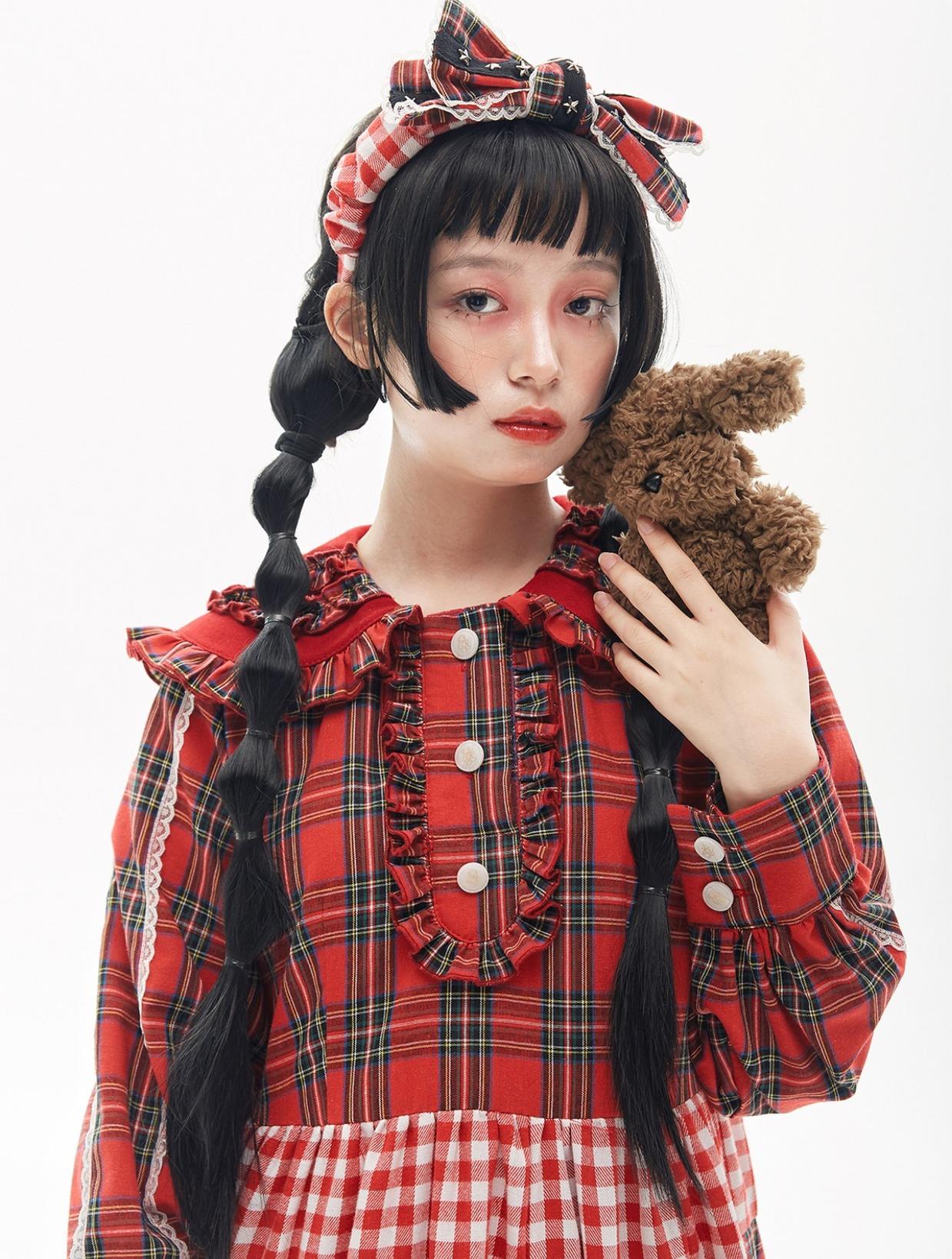 Soso Meme Club - Vintage Lolita OP Dress Red Lolita Plaid Dress for Spring Summer