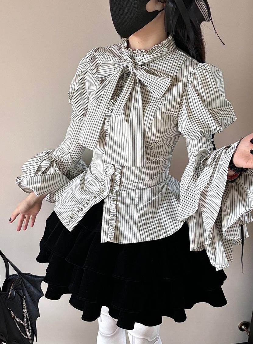 FlowerFairyDaily - Gothic Lolita Striped Shirt With Alternative NeckTie/Jabot