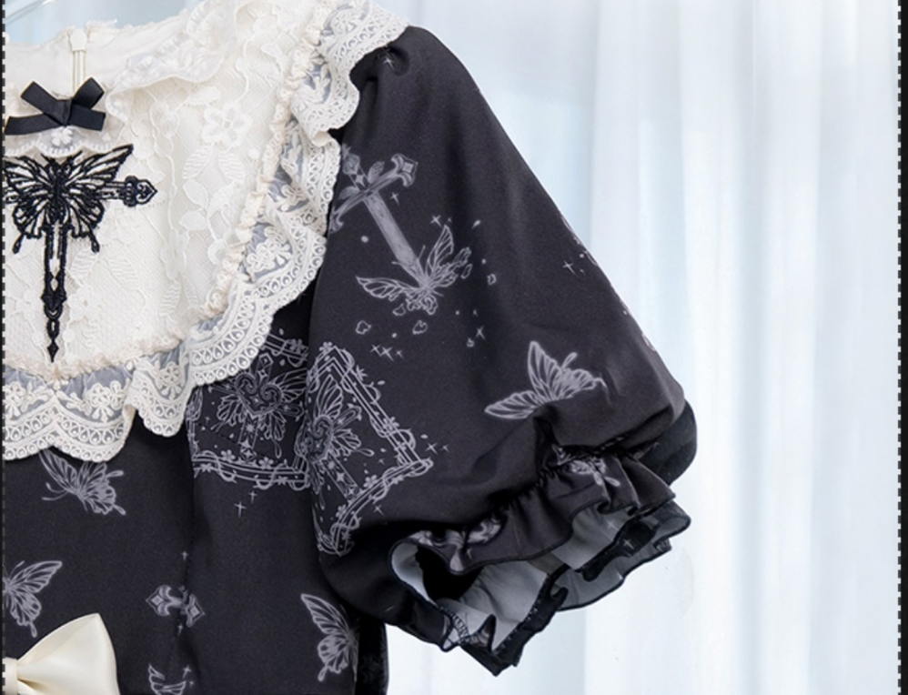 With PUJI - Gothic Butterfly Printing Embroidery Lolita OP