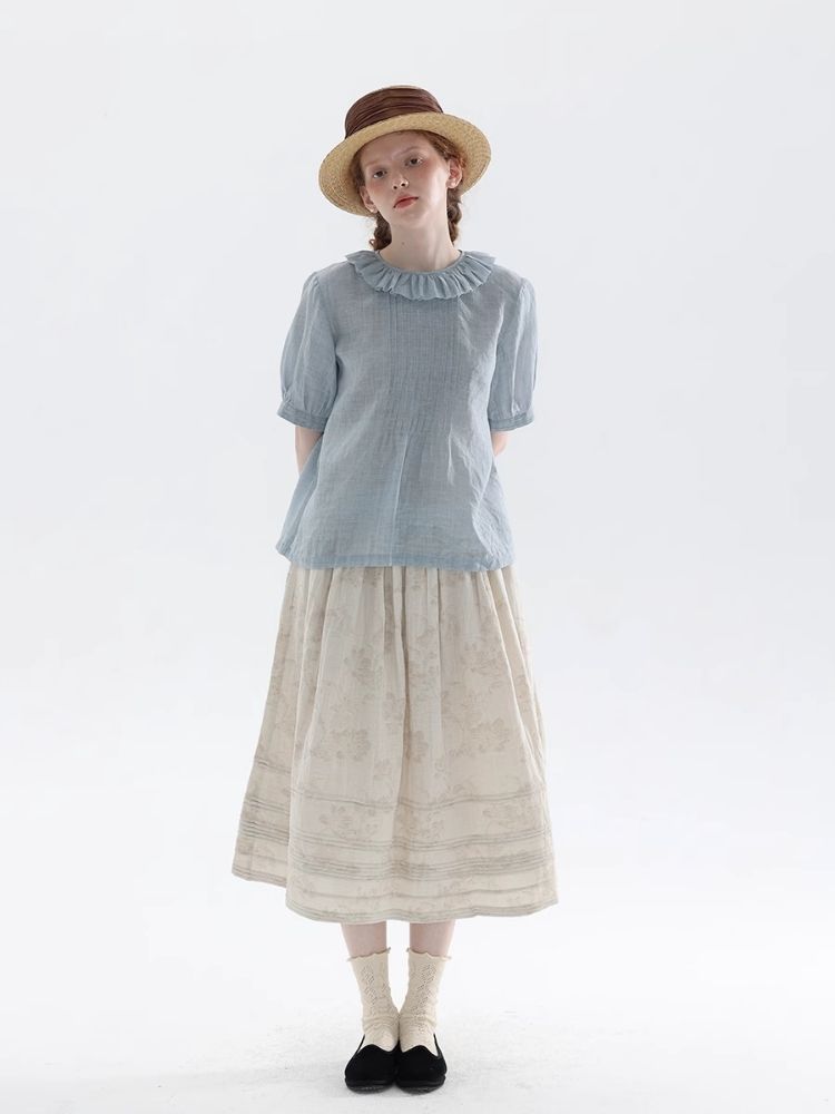 Misty Blue Ramie Retro Literary Shirt【s0000007975】