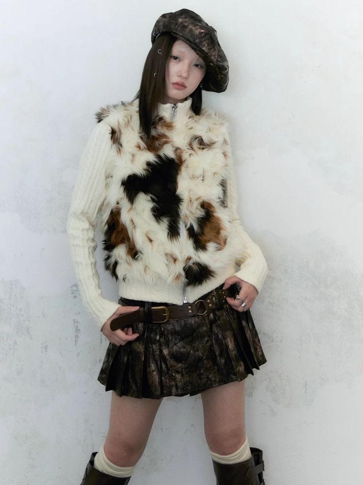 Cow Print Curly Patchwork Sweater 【s0000004958】
