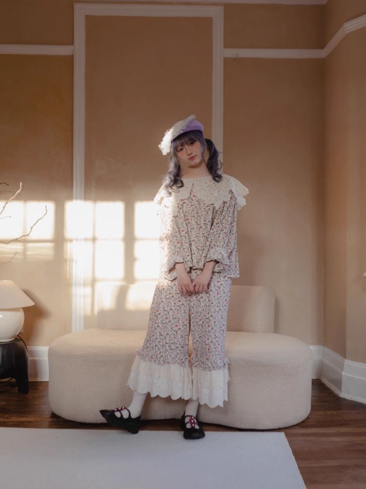 Peplum Printed Embroidered Spliced Lace Wide Leg Pants【s0000007943】