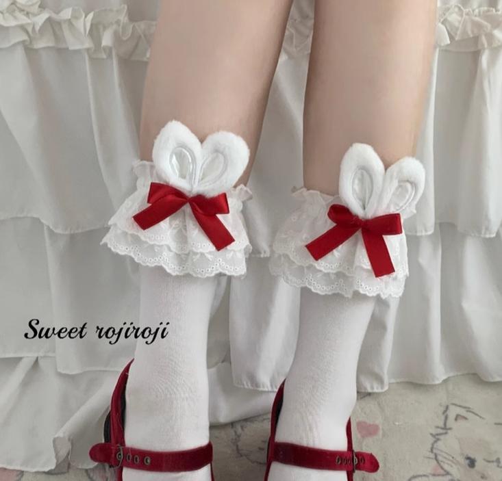 Roji roji - Cotton Lolita Bunny Ear Socks Summer Bow Short Socks
