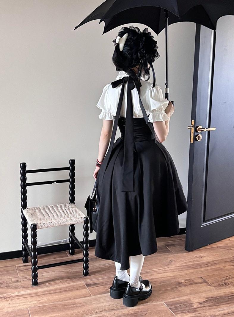 FlowerFairyDaily - Trace Night - Gothic Lolita Short-sleeved Shirt with Adjustable Waist