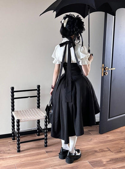 FlowerFairyDaily - Trace Night - Gothic Lolita Short-sleeved Shirt with Adjustable Waist
