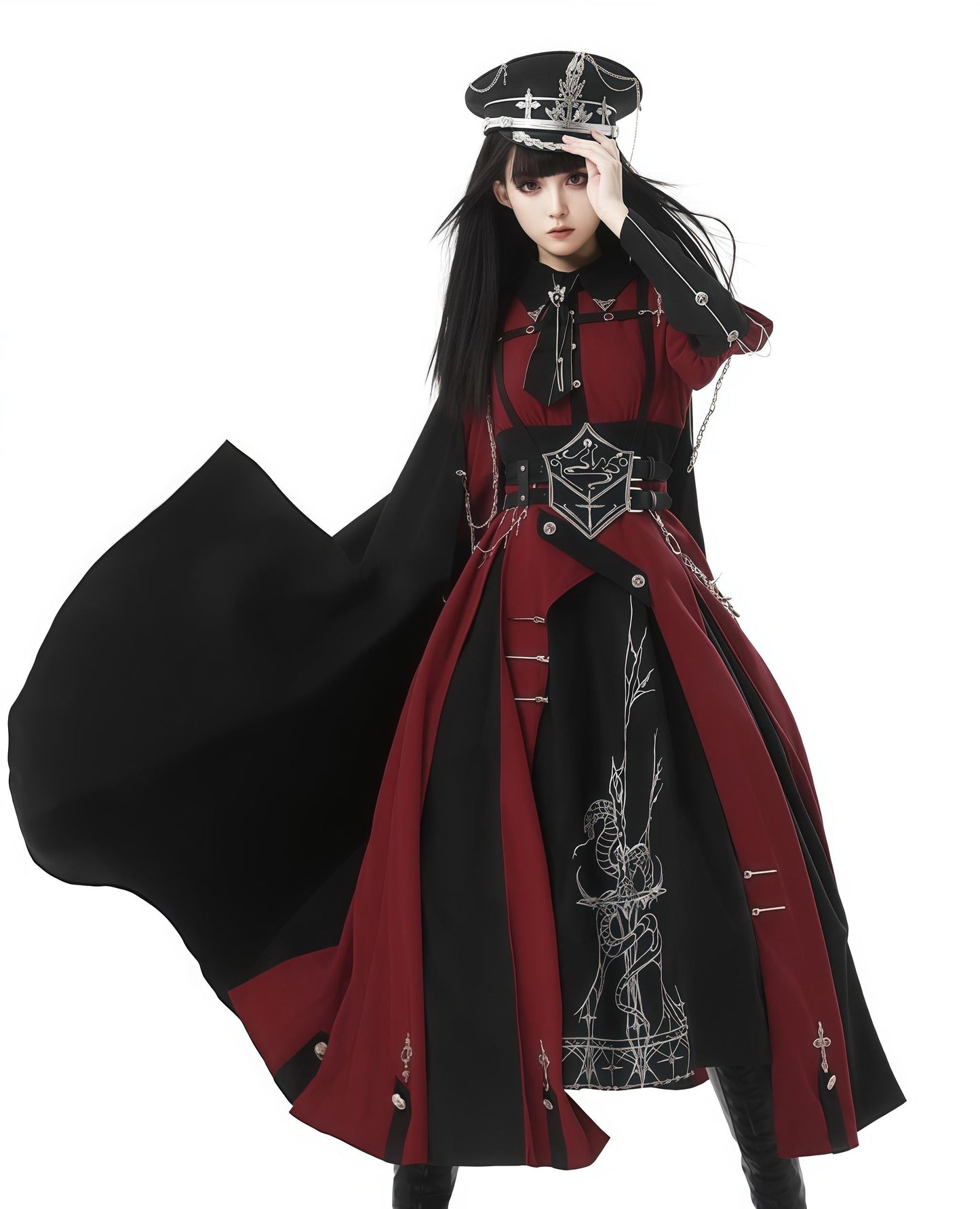 CHUNLV LOLITA - Crimson Knight - Military Lolita Dress Outfit Red OP Black Cloak Waistband