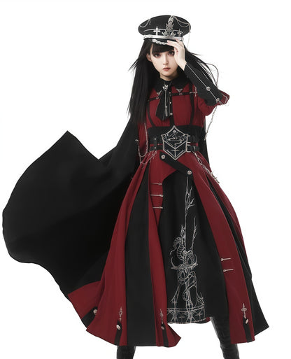 CHUNLV LOLITA - Crimson Knight - Military Lolita Dress Outfit Red OP Black Cloak Waistband