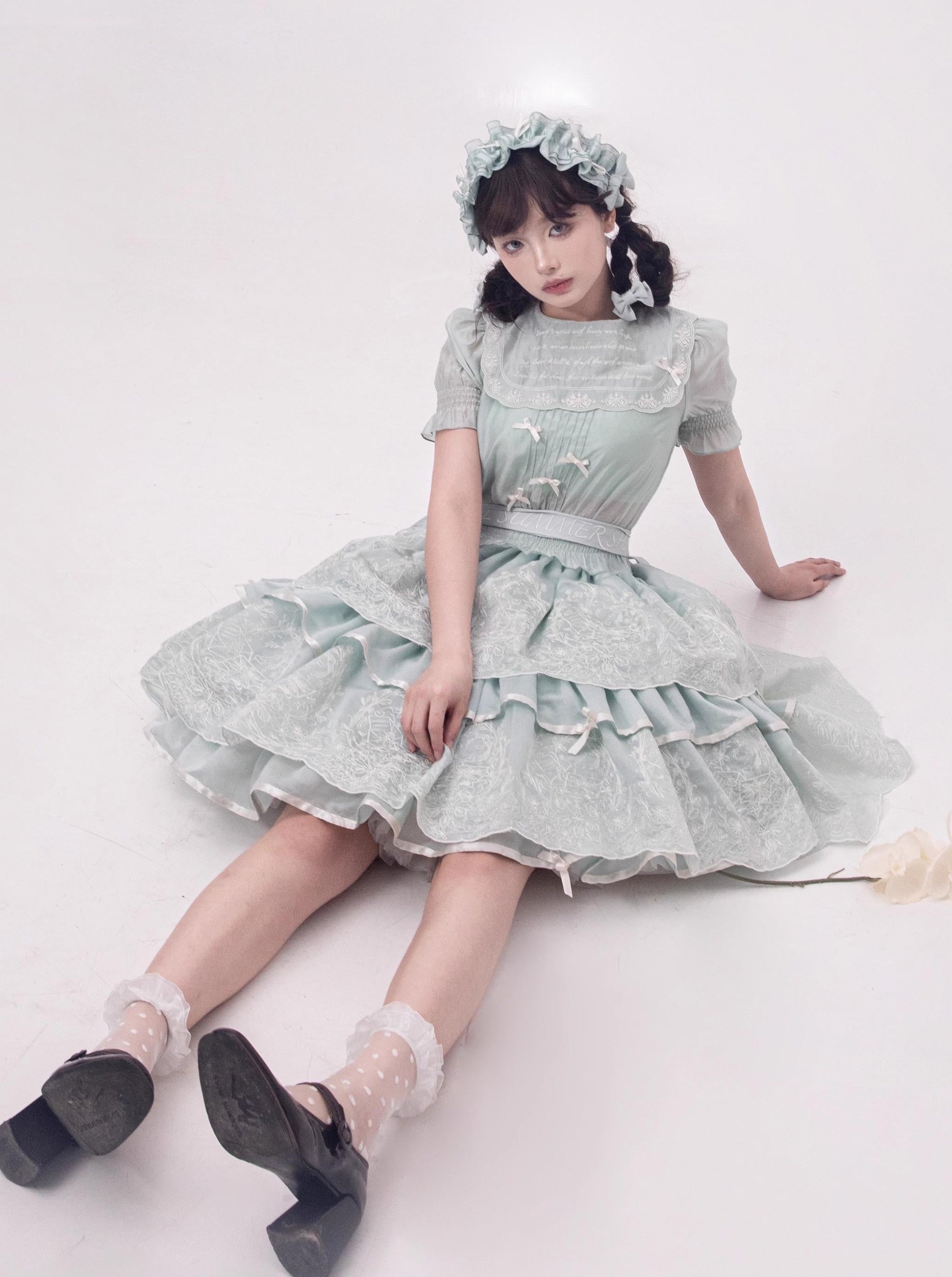 ZJstory - Sonnet Summer - Sweet Lolita Dress Set Embroidery Shirt Tiered Jumper Dress