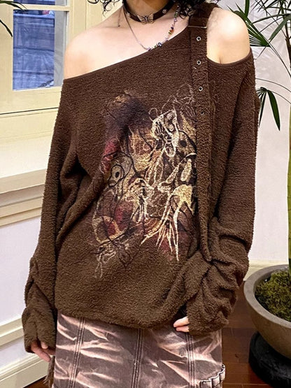 Retro Strapless Long Sleeve Printed Loose Sweatshirt【s0000007109】