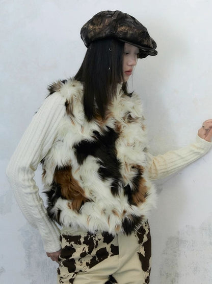 Cow Print Curly Patchwork Sweater 【s0000004958】