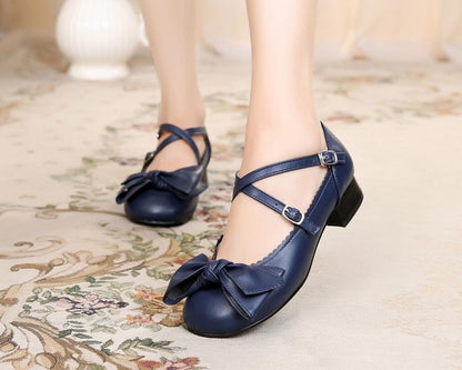 Sosic - Bow and Low Heel Cross Band Lolita Leather Shoes